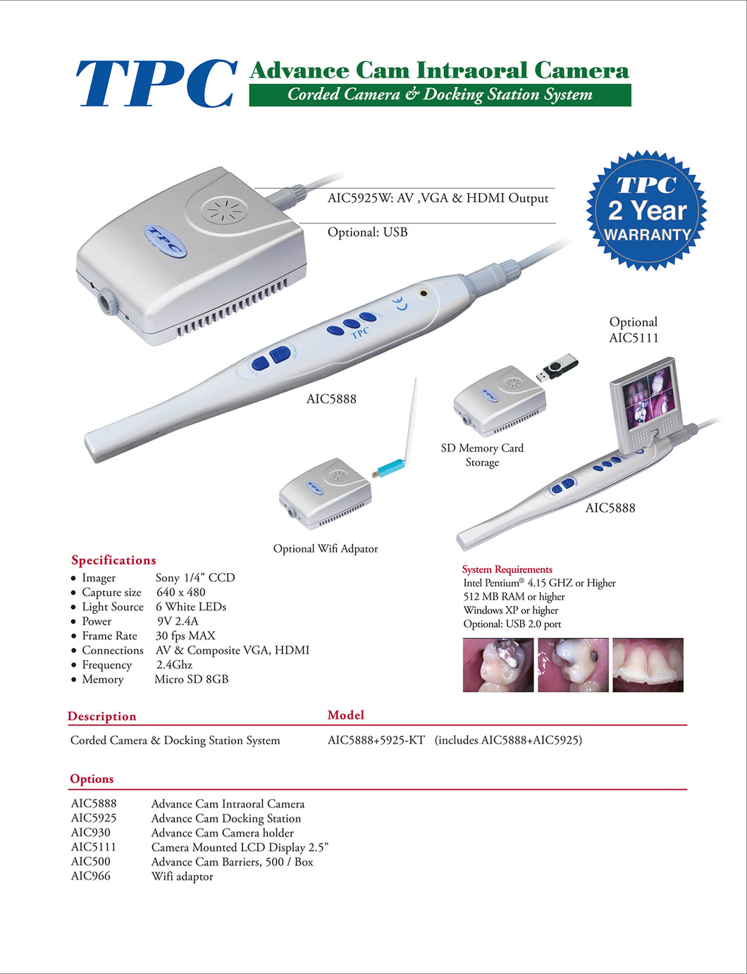 TPC Advance Cam Intraoral Camera Corded USB Camera System